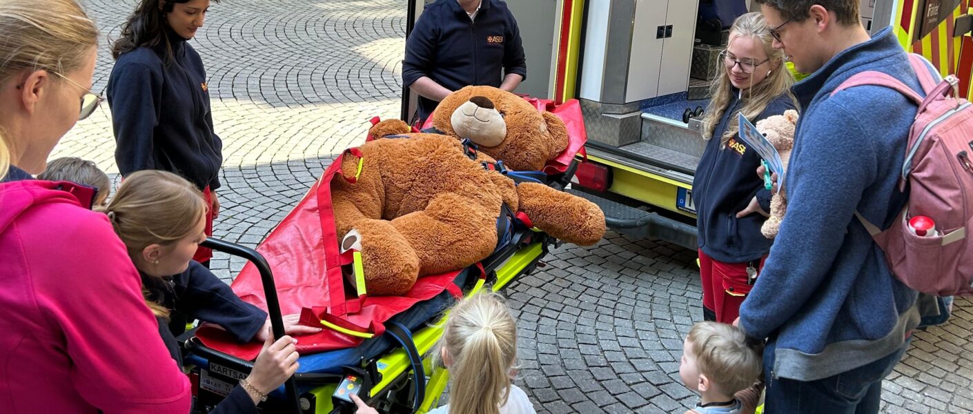 Teddybär wird in einen Rettungswagen eingeladen